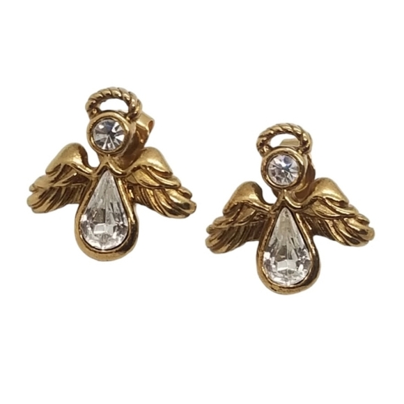 AVON VINTAGE 1996 "ANGELIC SPARKLE" GOLDTONE & CRYSTAL EARRINGS - Picture 1 of 5
